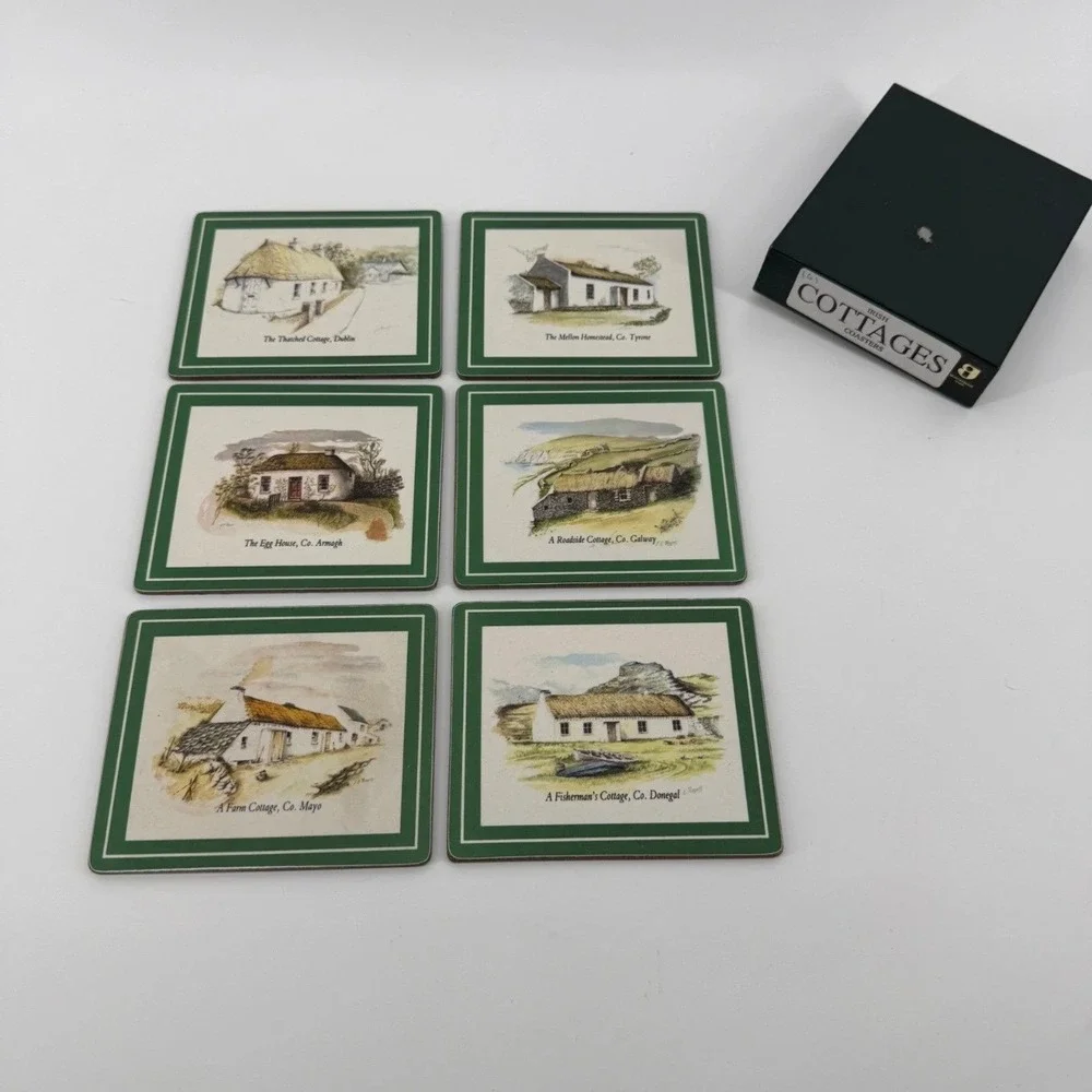 Lucan Designers Coaster Set Irish Cottage Vintage Cork Felt Green White 6pc